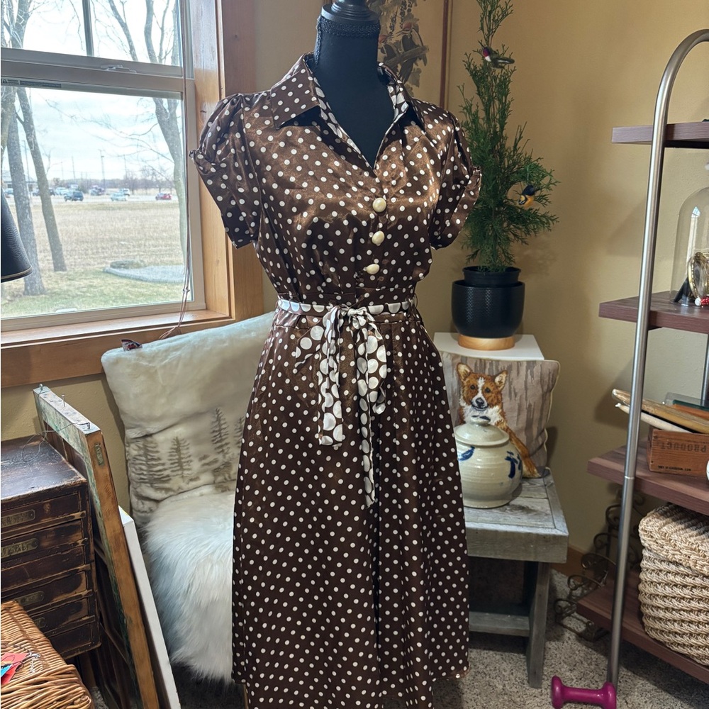 Dress Barn Brown Polka Dot Midi Shirt Dress with Tie Belt